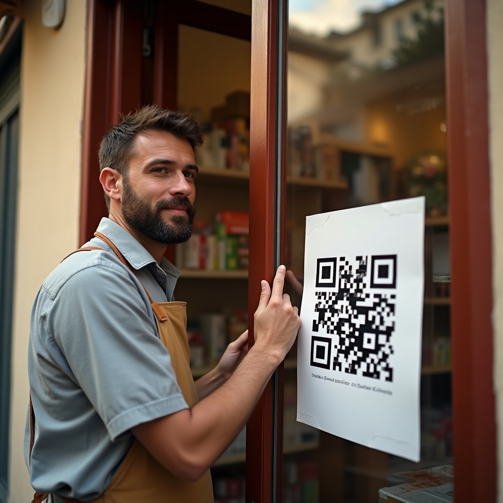 Dueño de un comercio de barrio colocando un cartel informativo en su escaparate